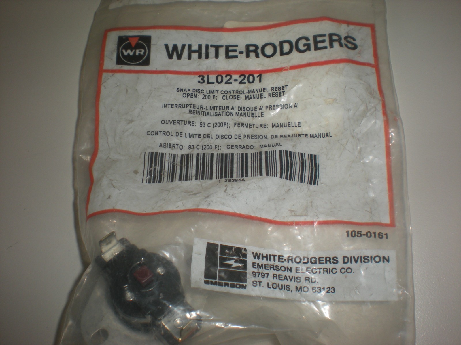 White-Rodgers 3L02-201 Snap Disc Limit Control - Manual reset - NOS - NIP