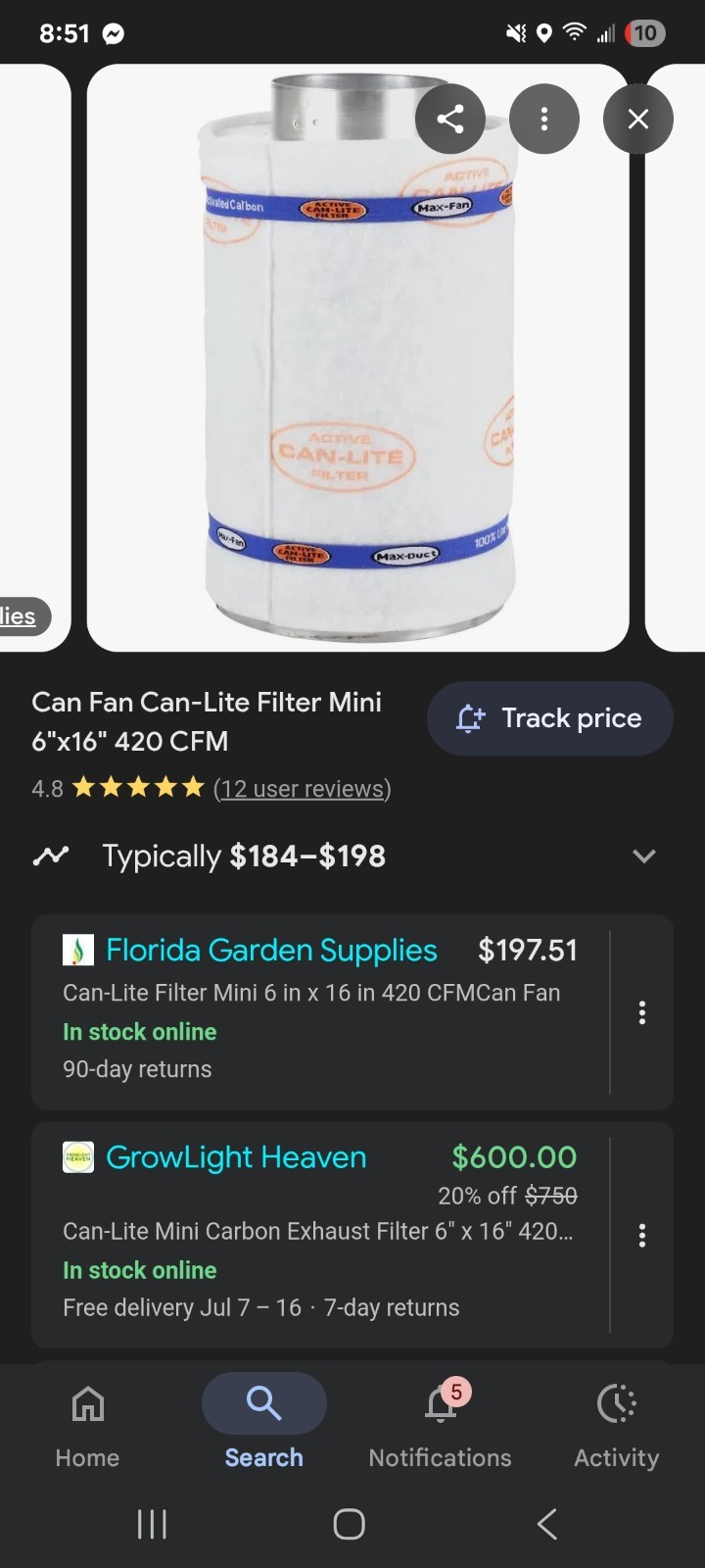 Carbon Filter, 6"x16" 420cfm Canfilter