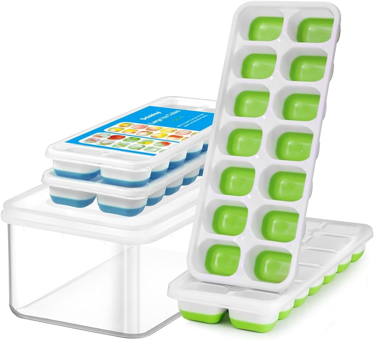 3 Pack Ice Cube Trays W/ Lids Flexible Silicone Bottom Easy Release Stackable