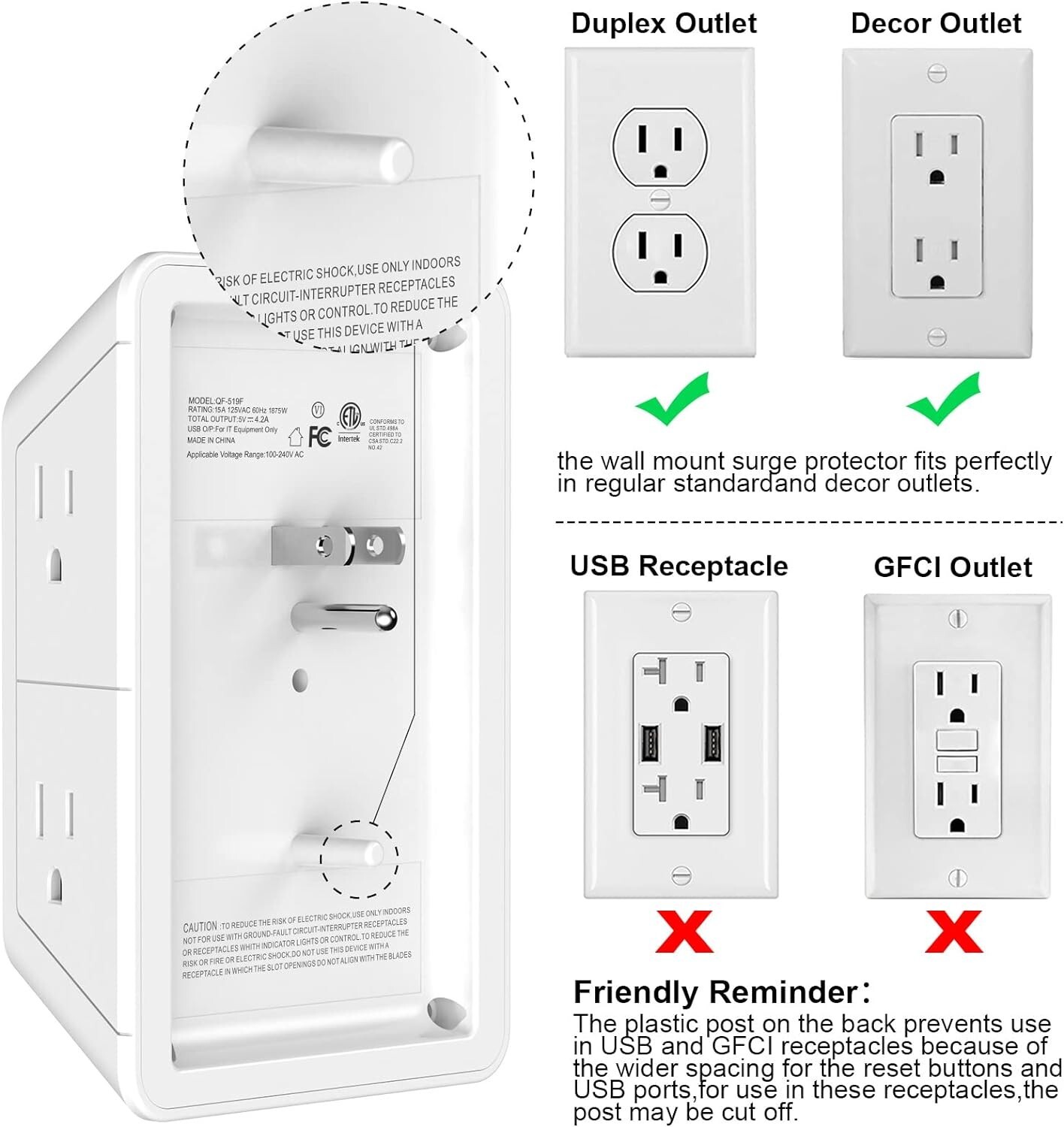 USB Wall Charger, LVETEK Surge Protector 5 Outlet Extender with 4 USB Ports 3 Si
