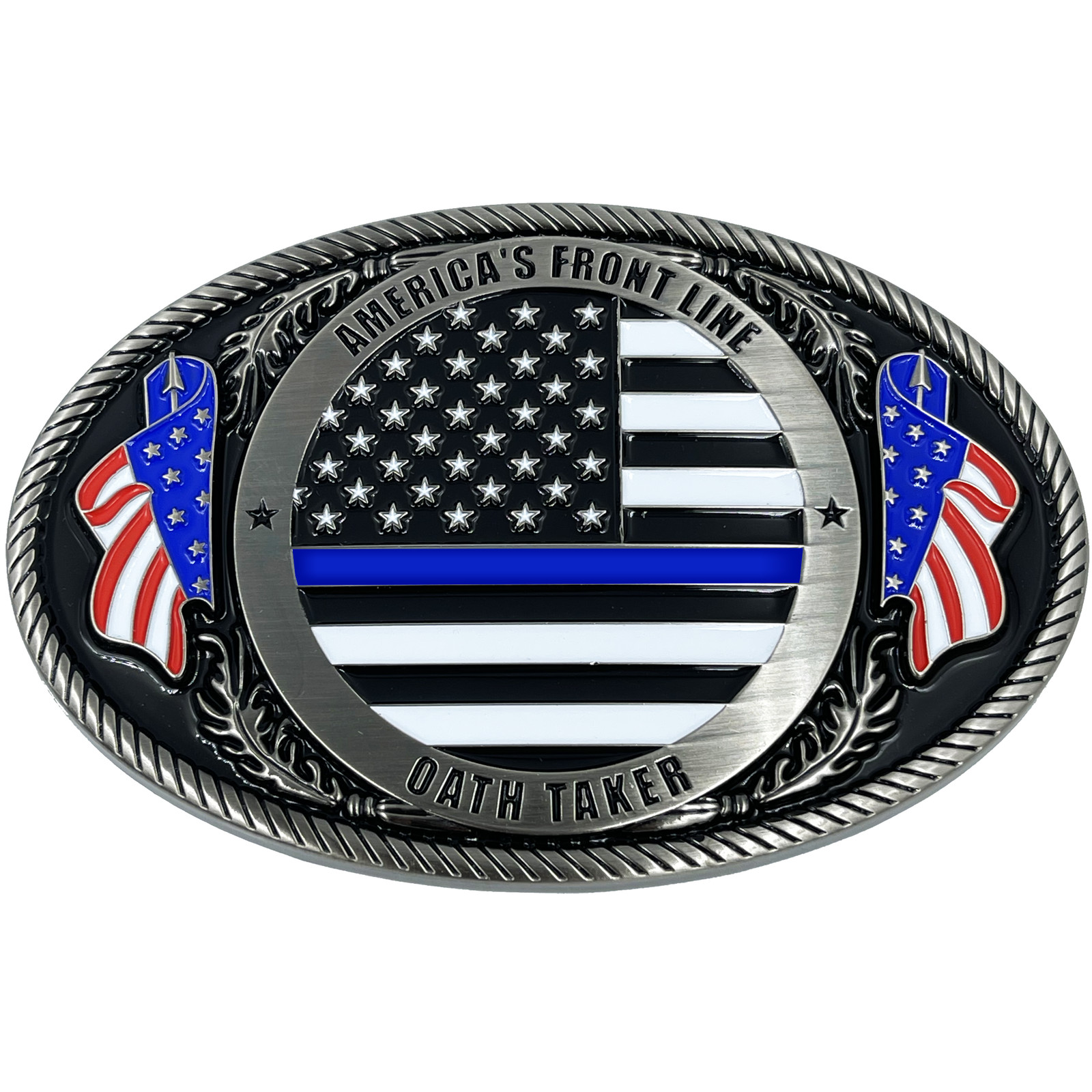 EL4-006 Police Officer Antique Nickel Thin Blue Line Police American Flag Belt B