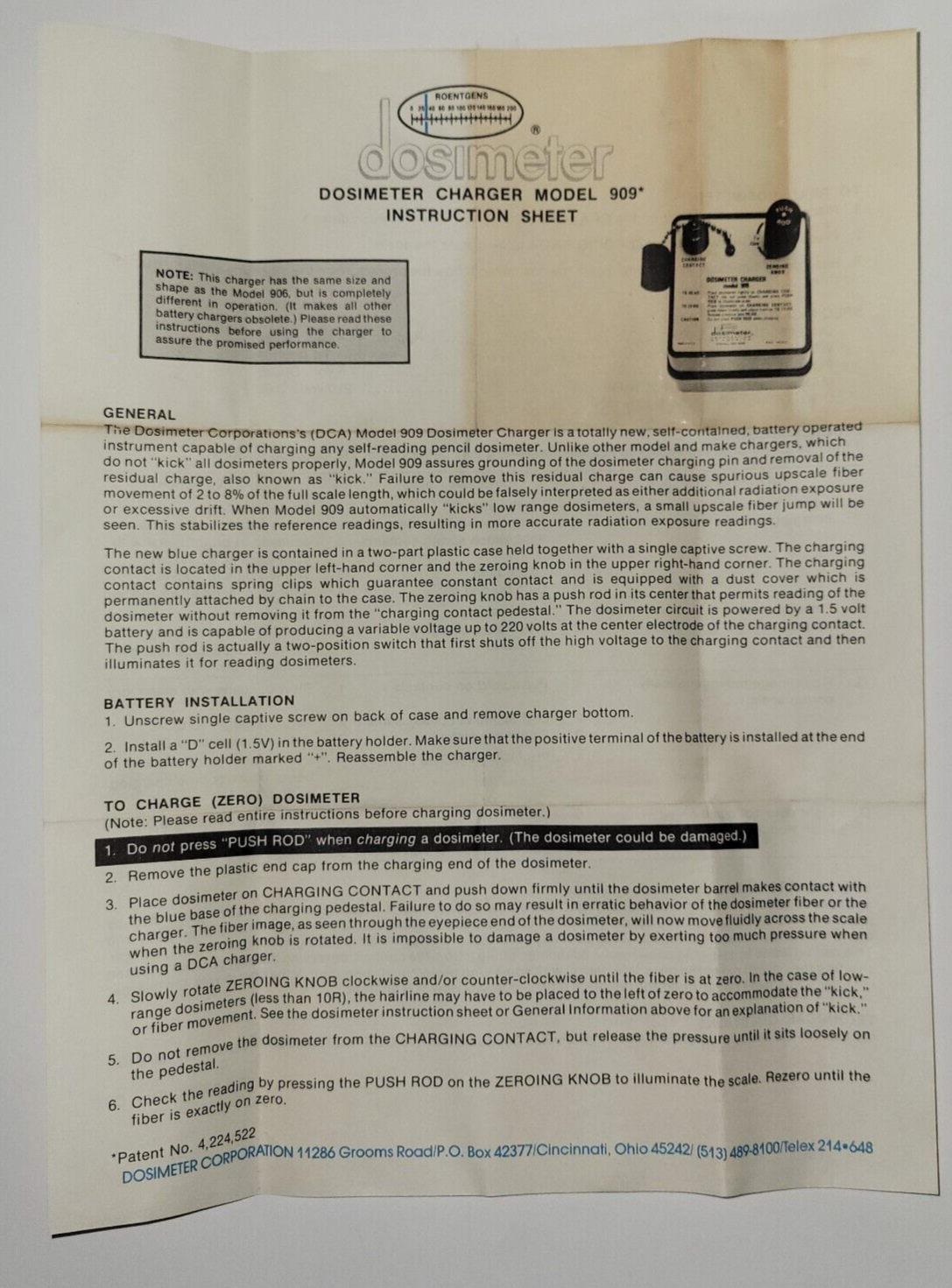 Dosimeter Radiological Charger Model 909 (B369)