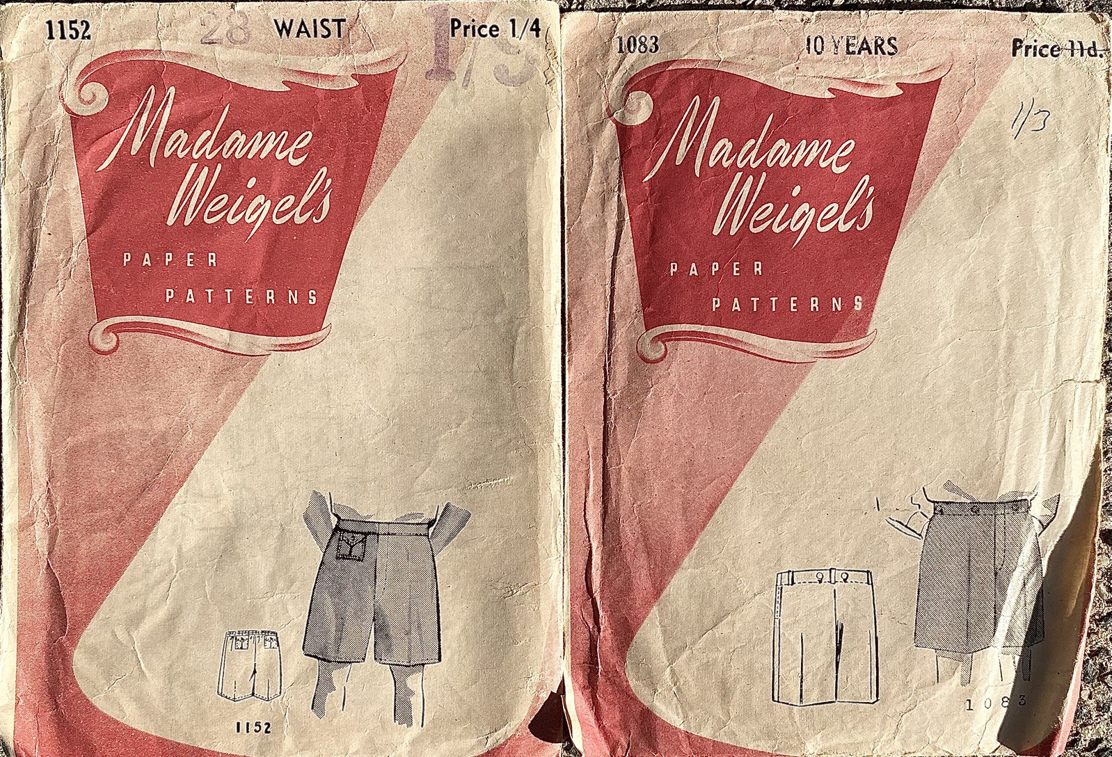 2 x MADAME WEIGEL’S 1940’s Boy’s Shorts Sewing Patterns. Size 10 & 12 Years.