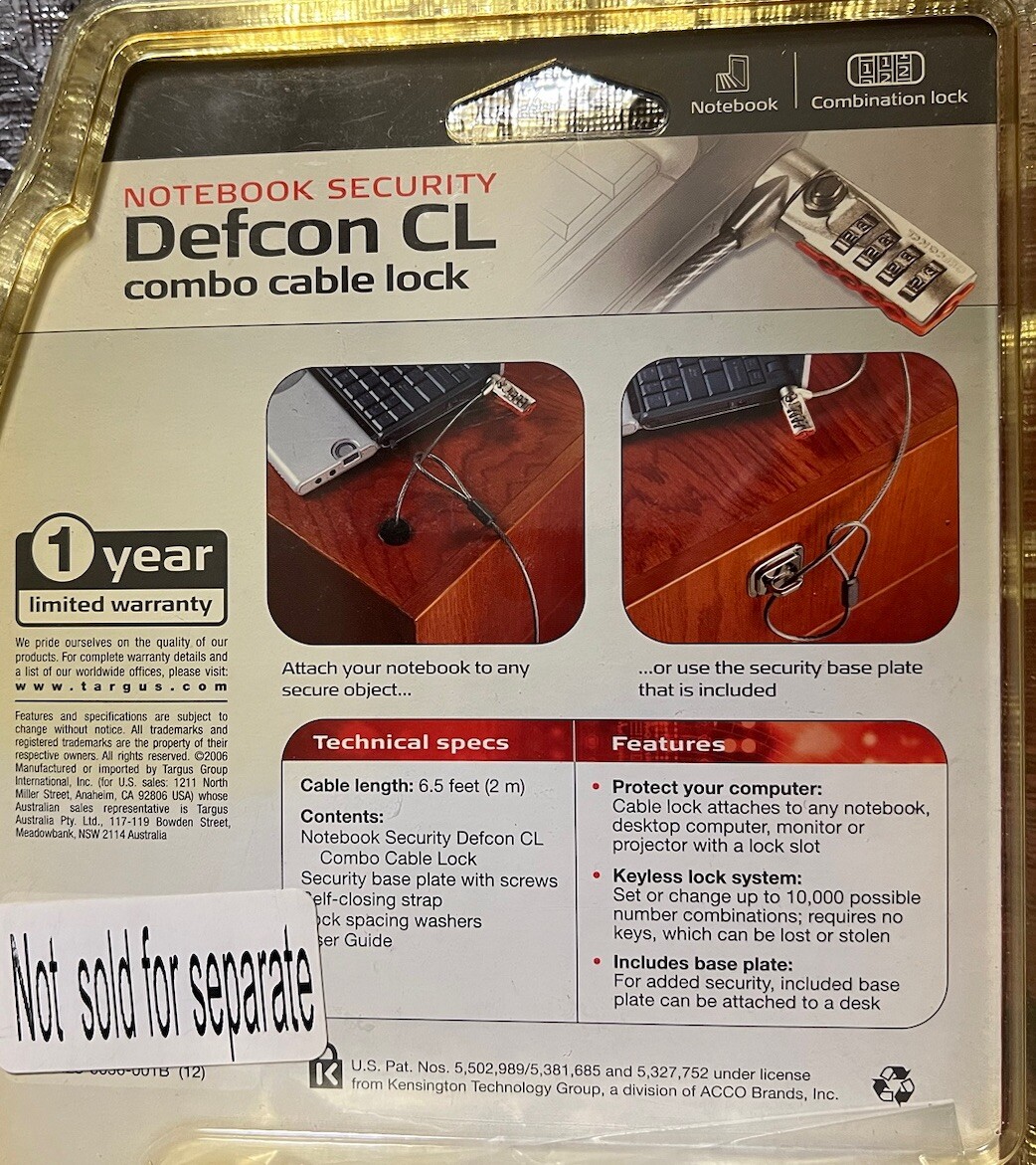 Targus Defcon CL Laptop Notebook Security Combination Lock & Cable PA410U New