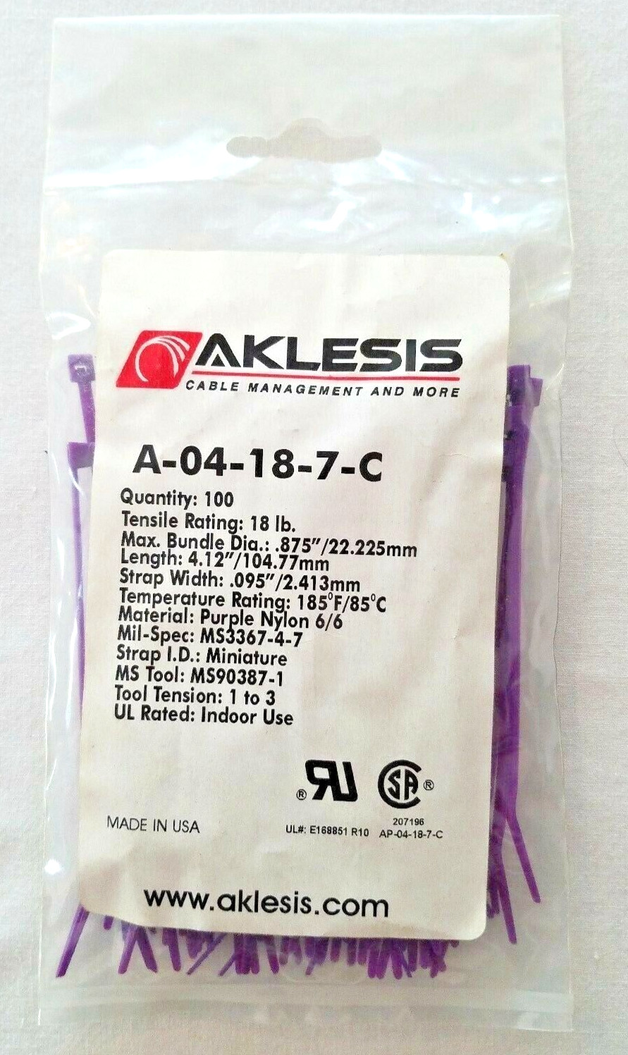 Zip Ties 4” Purple, 18 LB. - Quantity 200