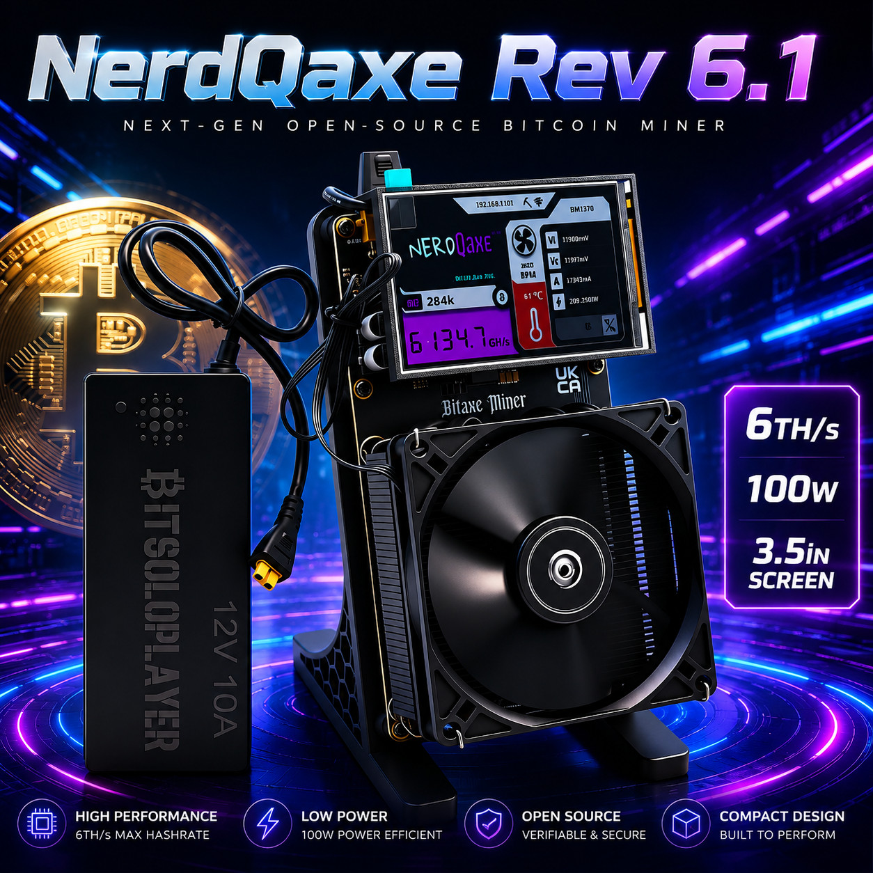 3.5in Screen Bitcoin miner NerdQaxe++ Rev 6.1 6T  100W BTC Miner BM1370 Sha-256
