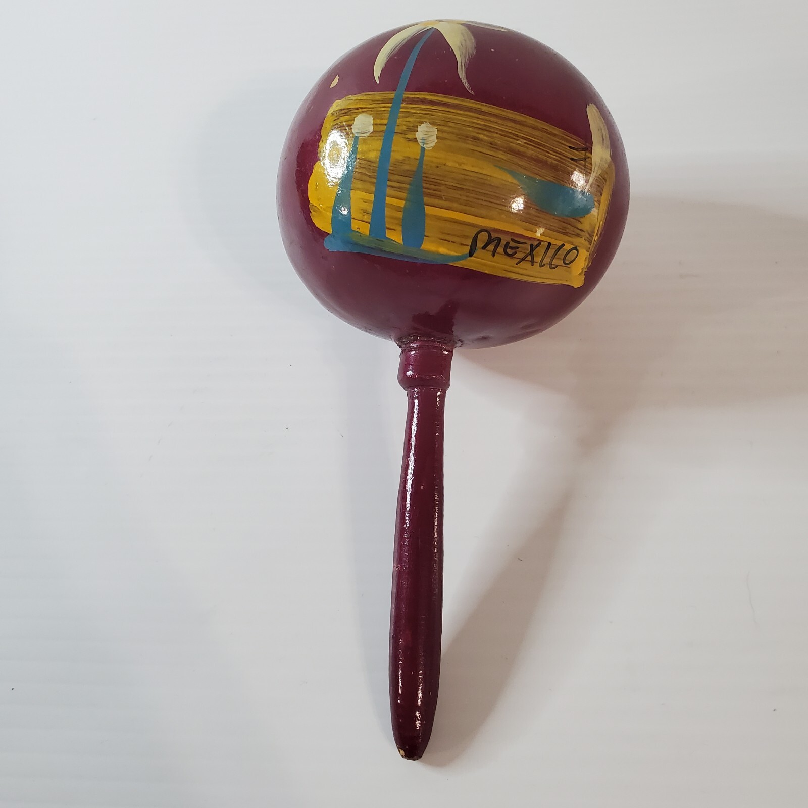 Vintage Mexican Handpainted Wooden Maraca Rumba Shakers Rattle Mexico Red Flower