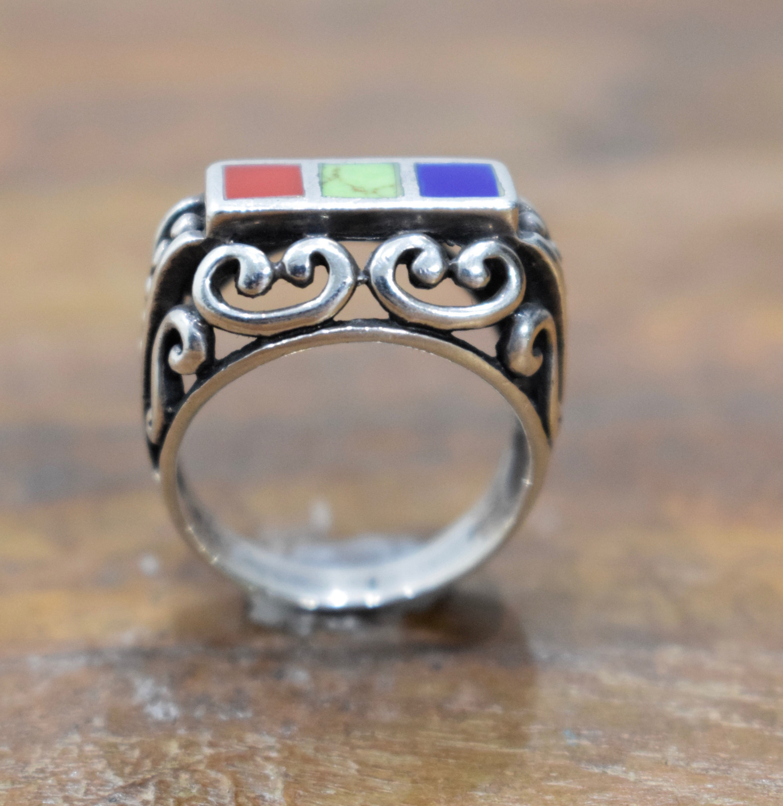 Ring Sterling Silver Inlaid Ornate Stone Ring