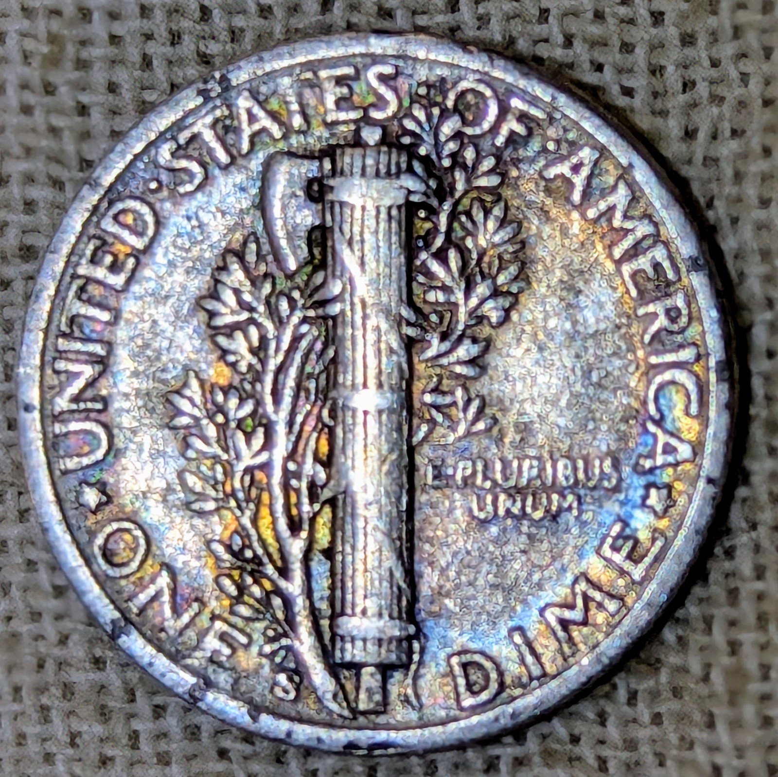1943 S Mercury Dime XF : Extra Fine, Rainbow Tone, SF Mint - .9 Fine Silver