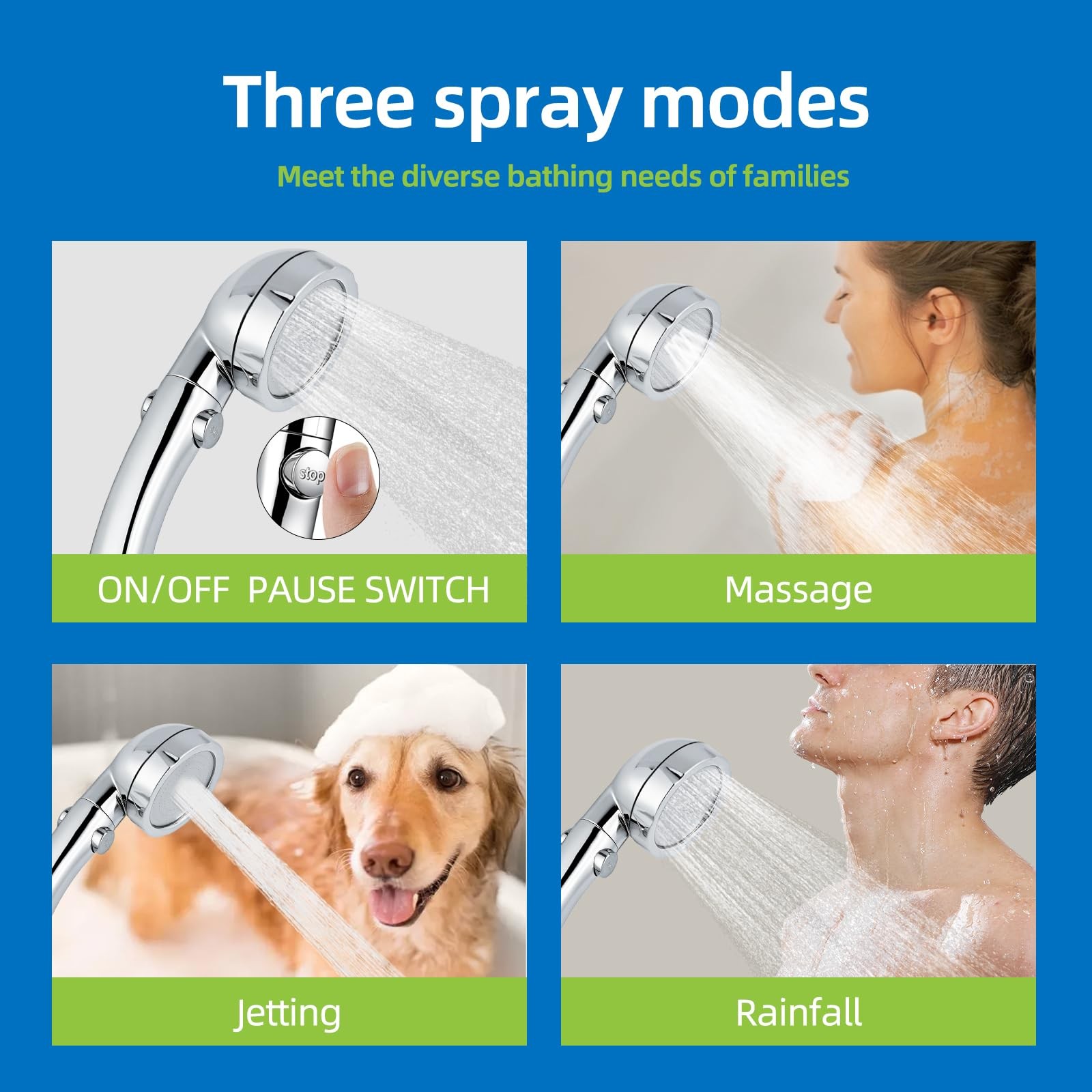 High Pressure Handheld Shower Head with ON/OFF Pause Switch 3 Spray Modes