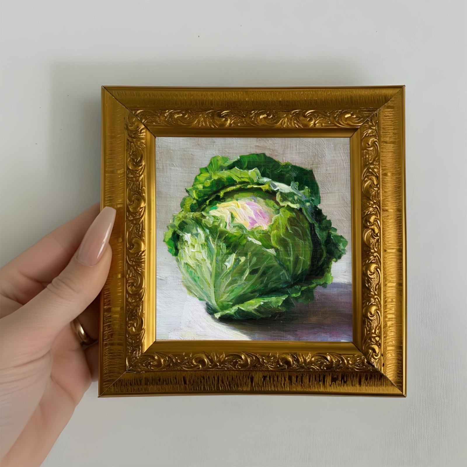 Mini Cabbage Oil Painting, Rustic Kitchen Still Life, Vegetable Wall Art