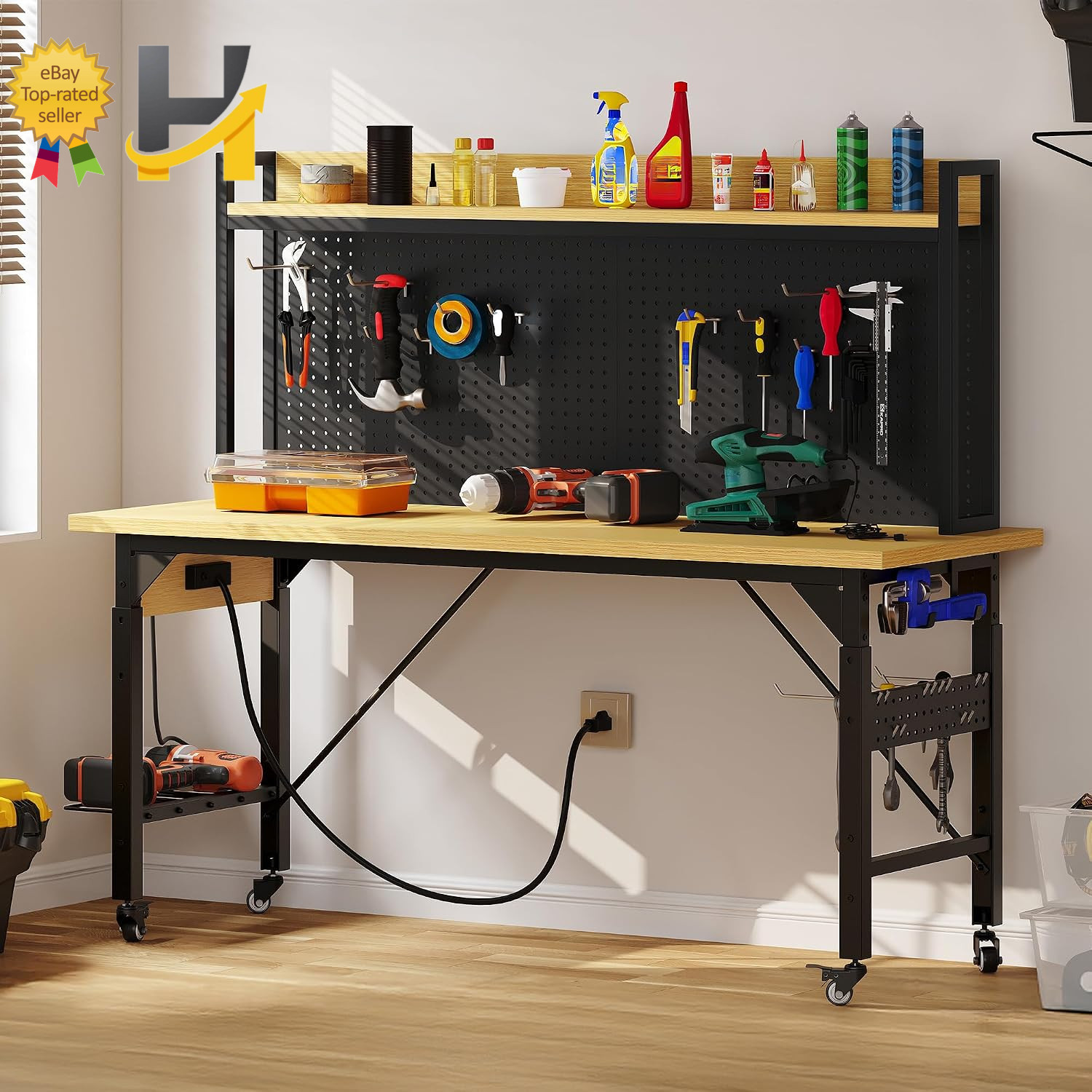 60In Adjustable Workbench with Pegboard & Wheels 1600Lb Load Rolling Work Table