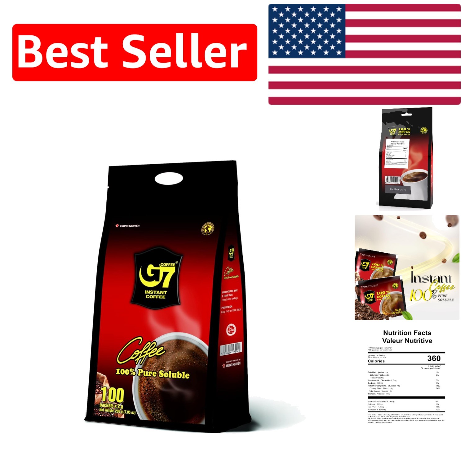 Authentic Vietnamese G7 Pure Black Instant Coffee - 100 Sachets for Energy Boost