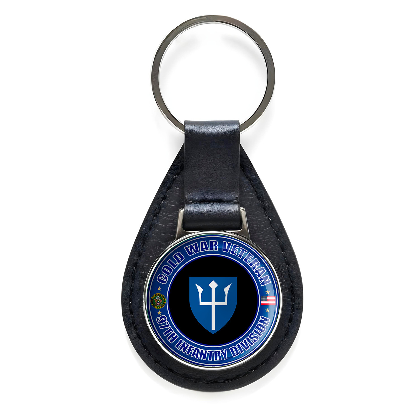 Cold War Veteran 97th Infantry Division Black Leather Keychain Silver Keyring