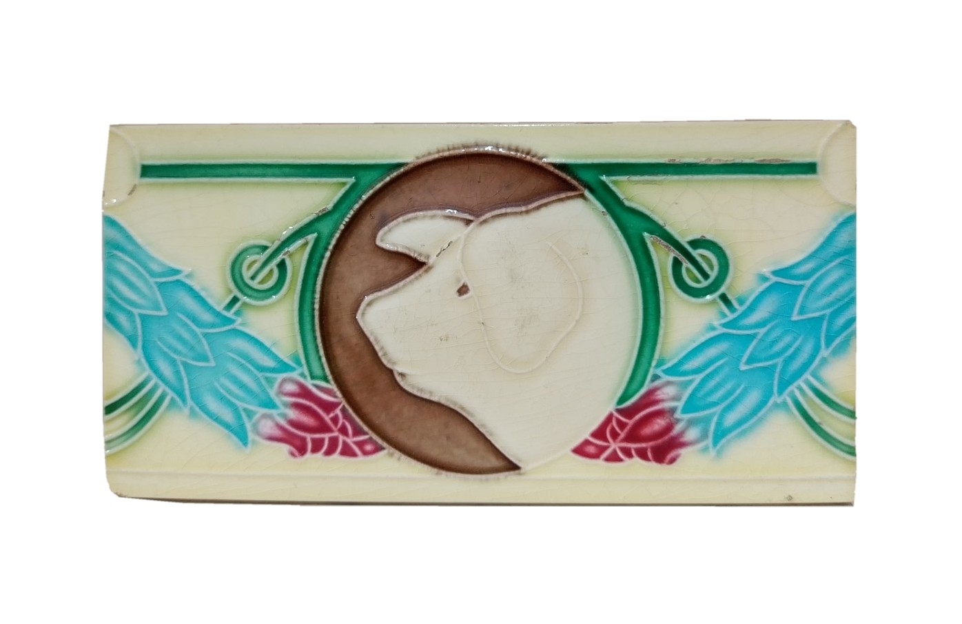 Rare Vintage Beautiful Pig Design Majolica Ceramic Made In Japan Tile.