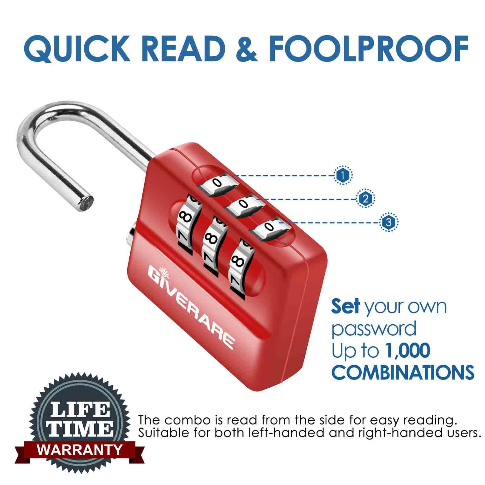 GIVERARE 4 Pack Combination Lock, 3-Digit Padlock Keyless, Small, Red