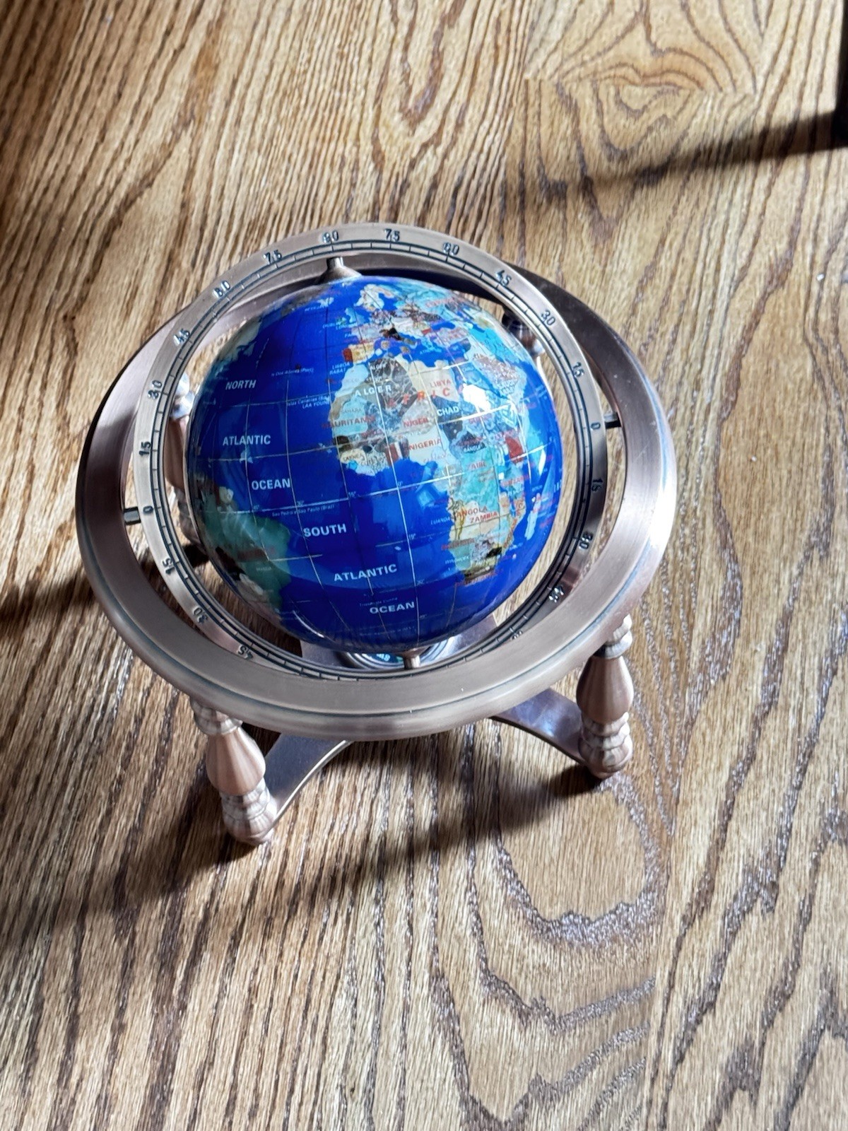 Semi-Precious Gemstone Globe 9” In Copper Tone Stand with Compass