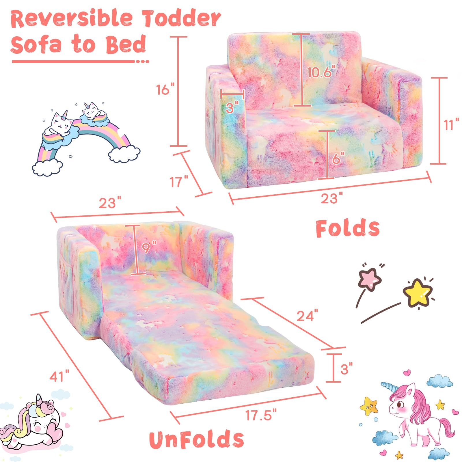 inhand Toddler Chair Comfy,2-in-1 Soft Toddler Couch Fold Out for Kids,Conver...