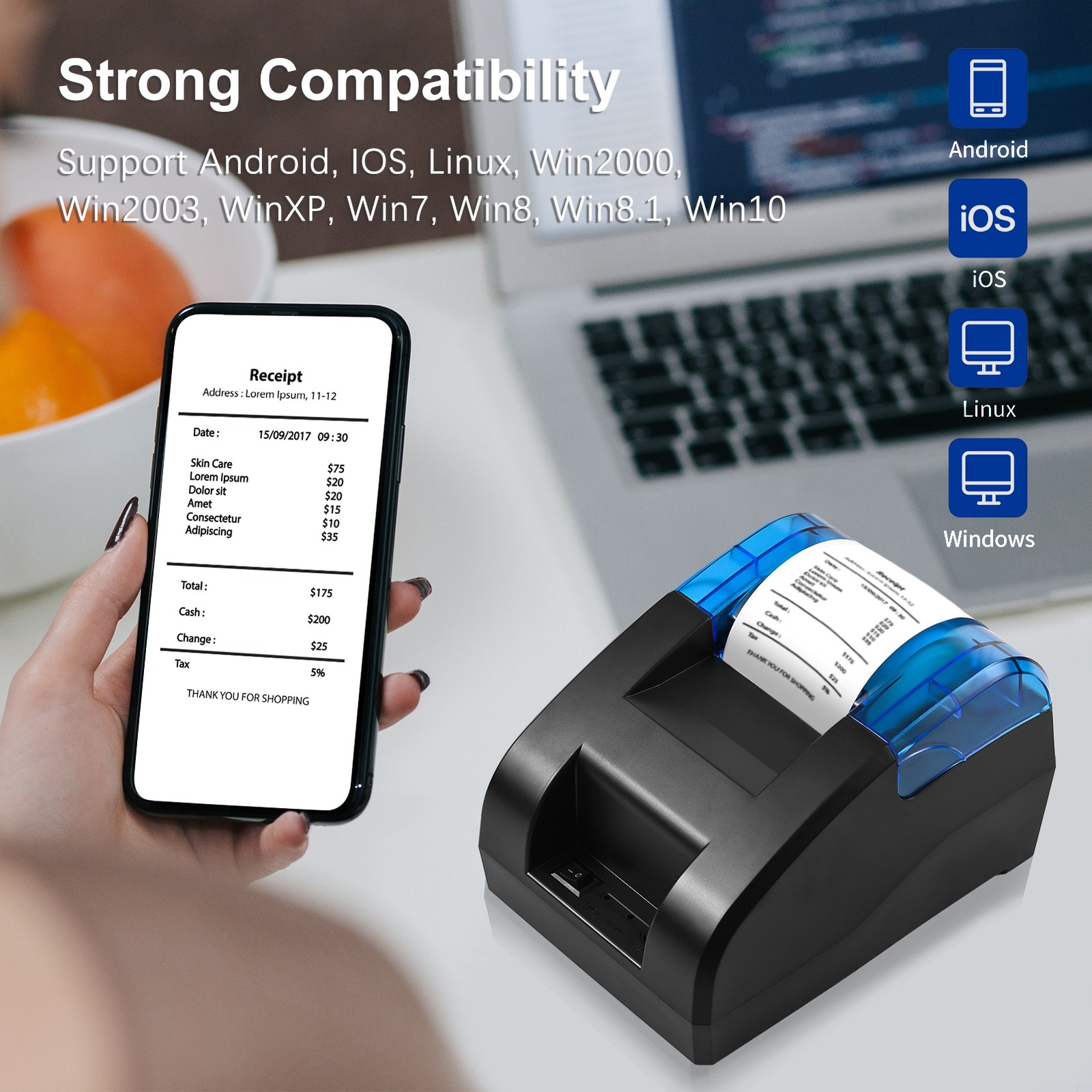 6-58mm Thermal Receipt Printer Desktop USB BT Wireless Connection Printer