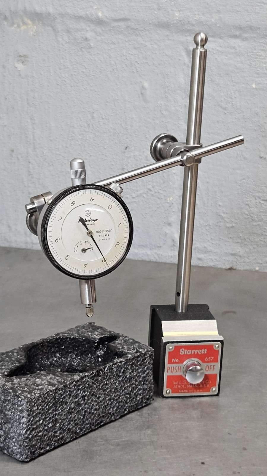 Starrett No. 657AA magnetic base + Mitutoyo No. 2804 - .050" dial indicator