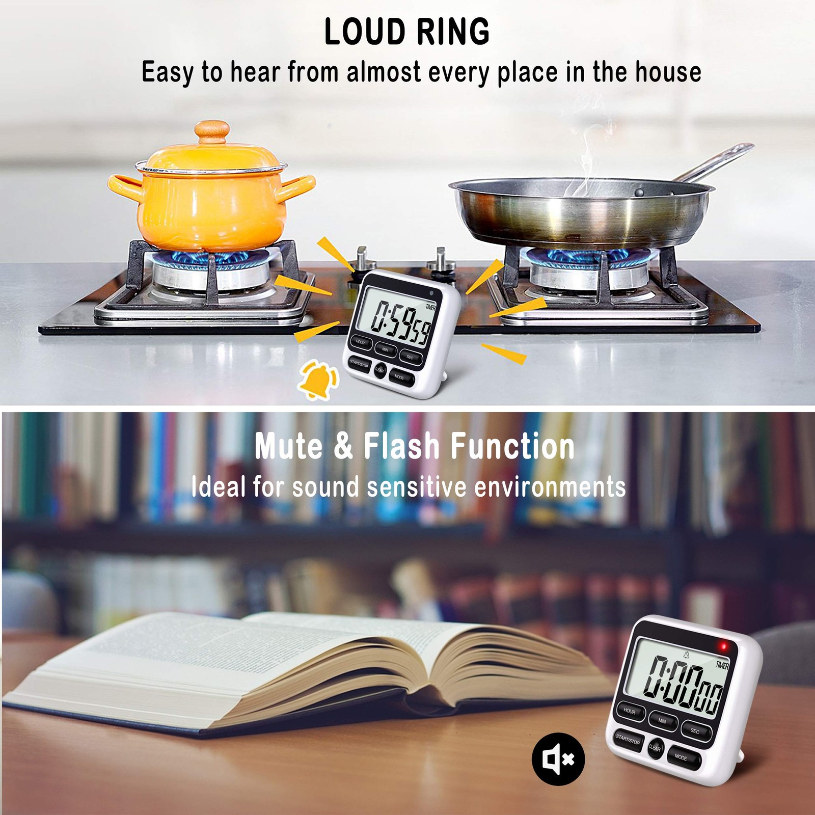 Digital Kitchen Timer with Mute/Loud Alarm Switch ON/Off Switch, 12-Hour Clock