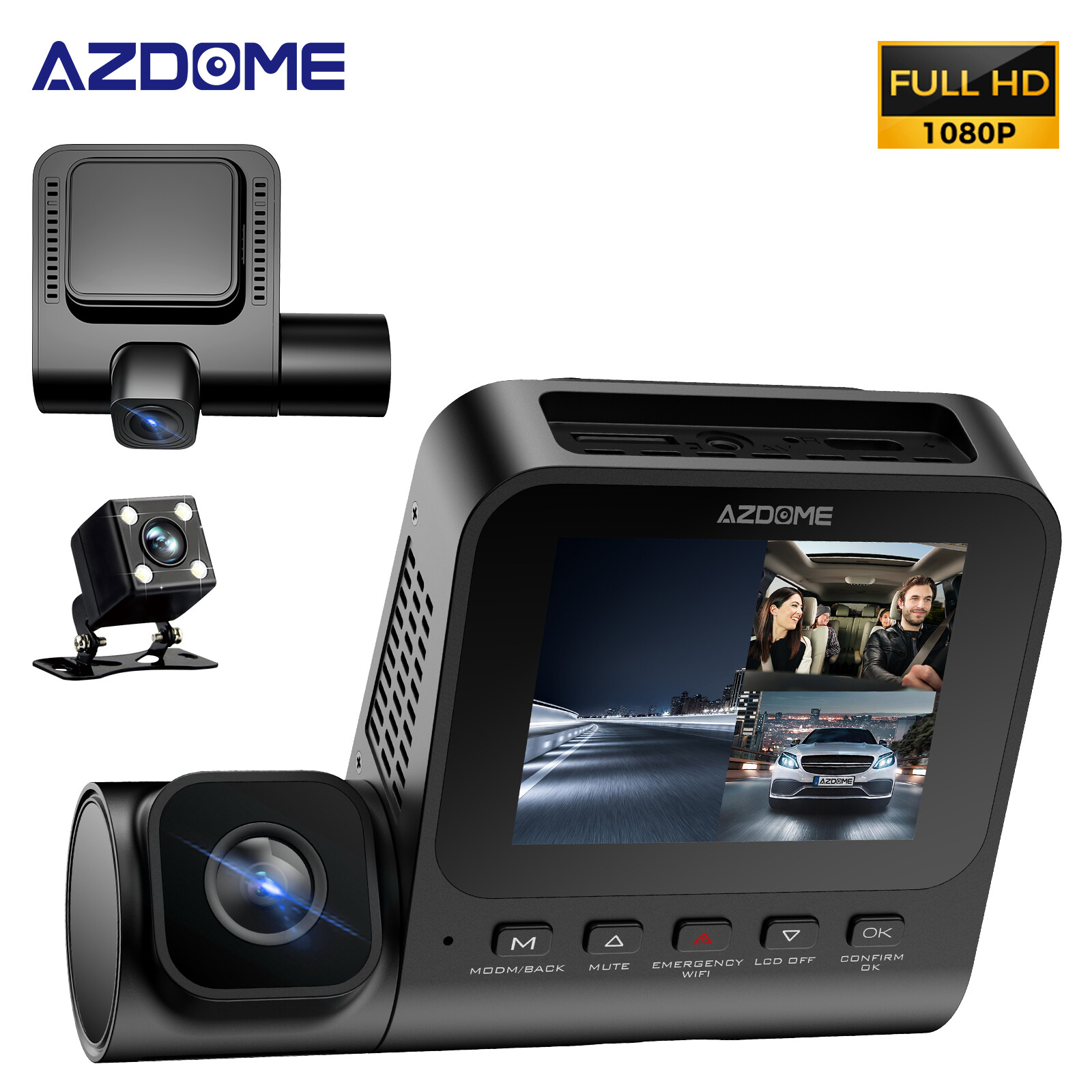 AZDOME 3 Channel Dash Cam 1080P+1080P+VGA 24H Parking Mode Night Vision G-sensor