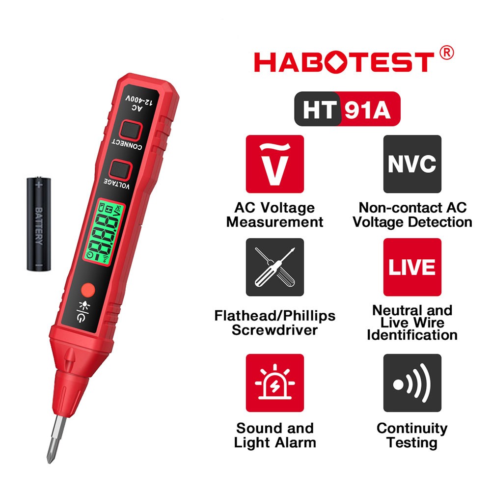HABOTEST HT91A Voltage Tester Volt Detector Test Pen Non-Contact with Battery
