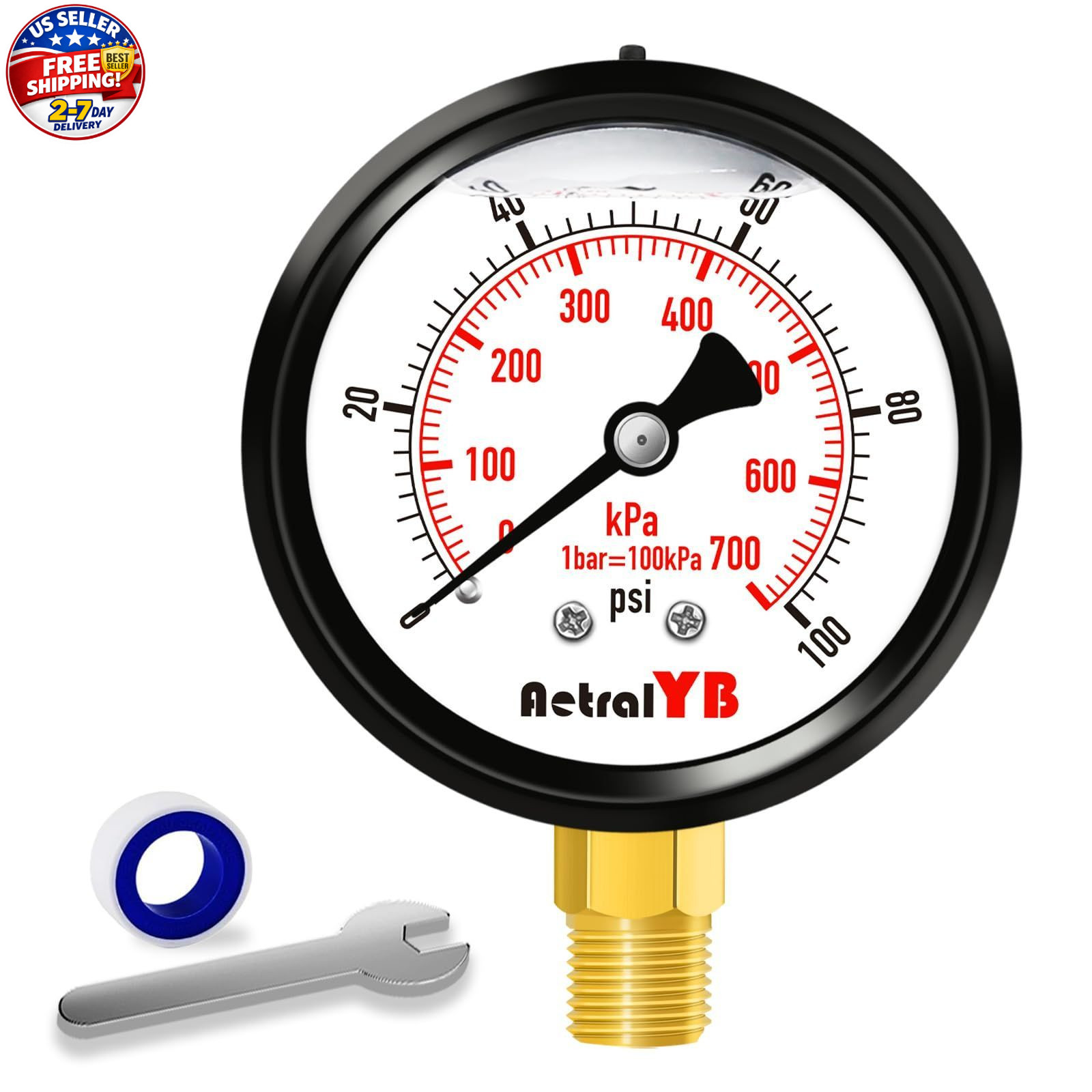 Water Well Pump Liquid Filled Side Lower Mount Pressure Gauge 0 to 100 PSI