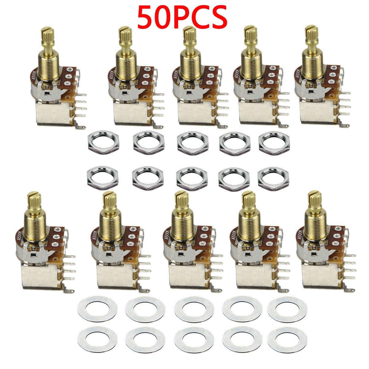 50pcs A500K Guitar Bass Push Push Potentiometer Brass Long Split Shaft Pots