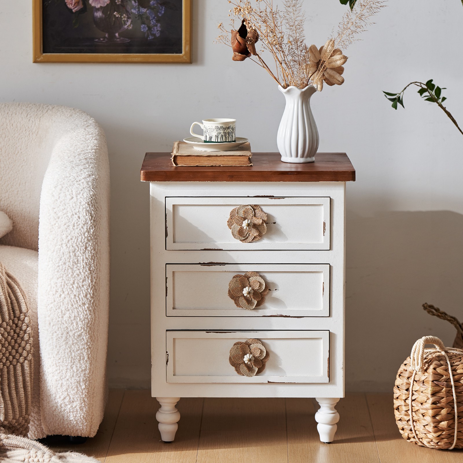 Vintage Farmhouse End Table with Floral Knobs – 19" Rustic Nightstand with 3 Dra