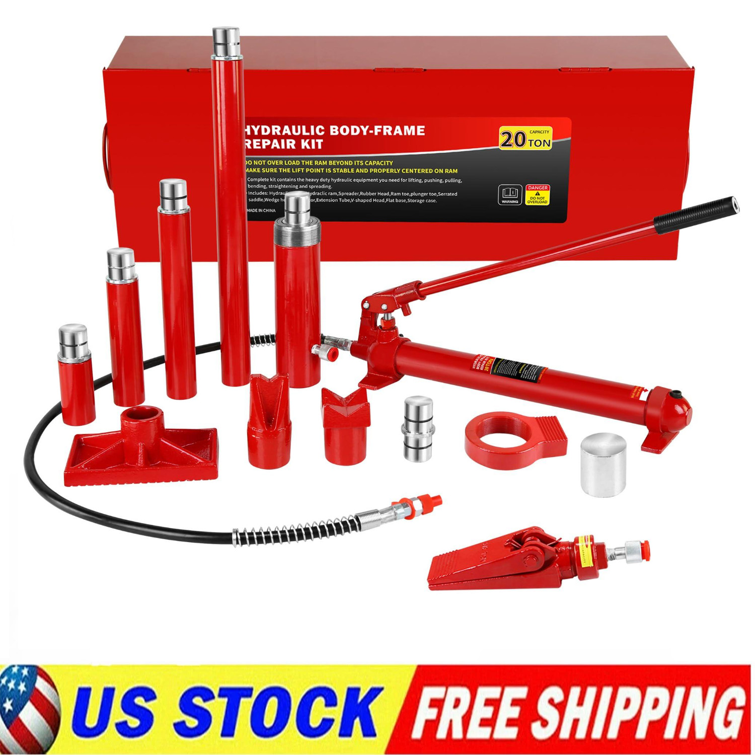 🔝20 Ton Porta Power Kit Portable Hydraulic Jack 17 Pcs Ram Max Lifting Heigh 5.