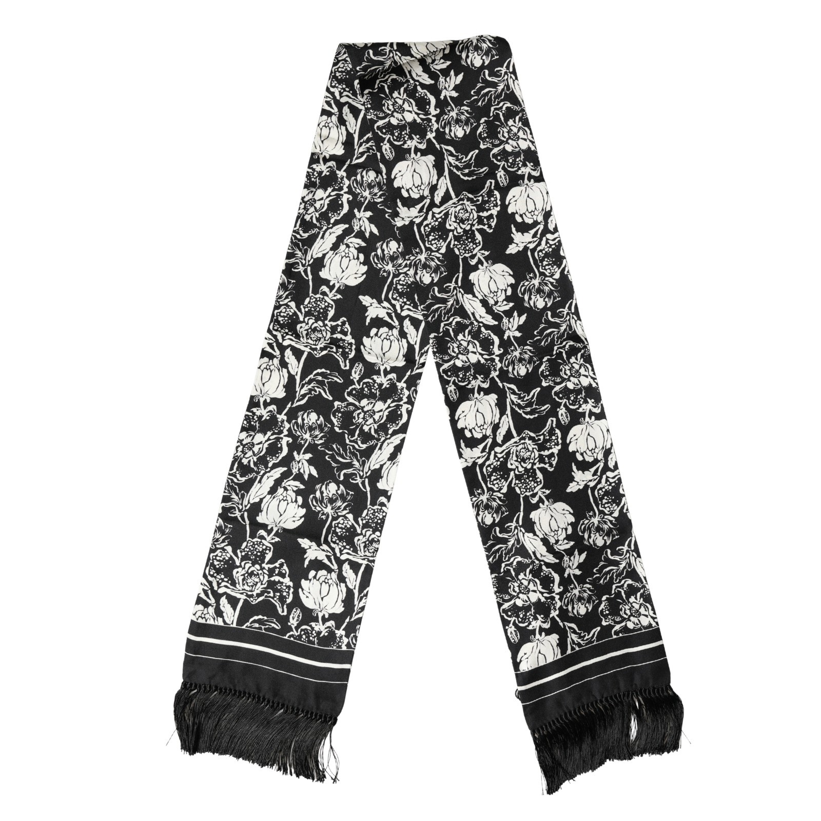 DOLCE & GABBANA Scarf Black White Silk Floral Print Fringe 136cm X 15.5cm 310usd