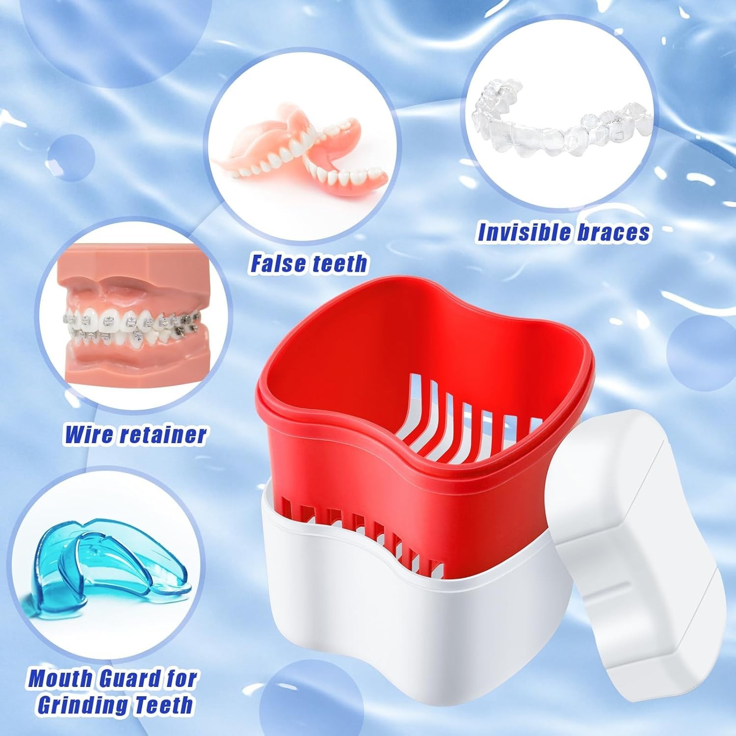2 Denture Cases Denture Bath Cups with 2 Denture Cleaner Brushes Retainer Cle...
