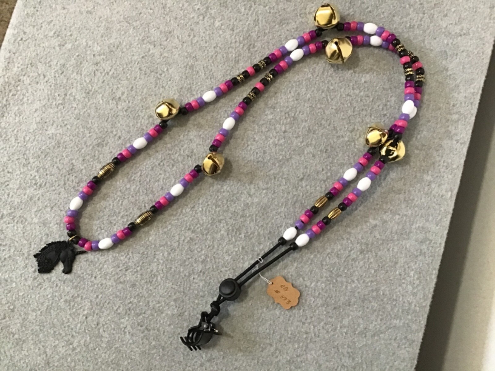 OOAK Horse Rhythm Beads Adjust Sz #393 - Black Unicorn Metal Pendant, Gold Bells