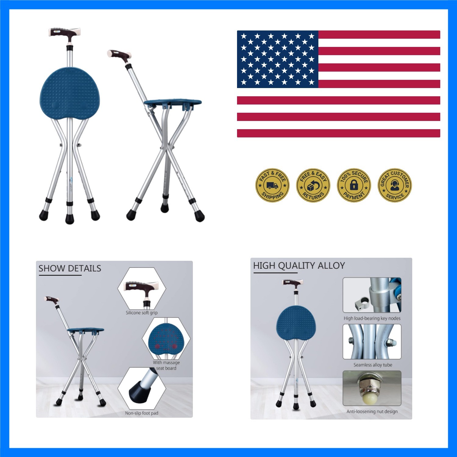 Hold 440 lbs Folding Canes with Seat Walking Stick Height Adjustment Cane Sea...