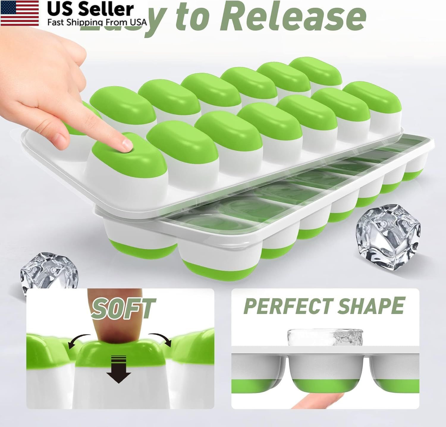 ChefAide 4‑Pack Ice Cube Trays with Lids, 56‑Cube Tray 4 Pack, Green