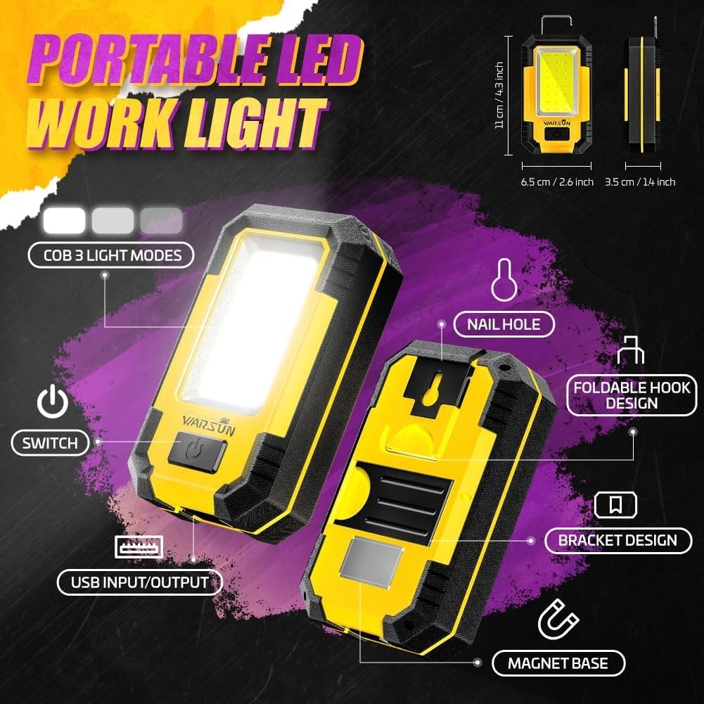 WARSUN Rechargeable Work COB LED Light  Rechargeable 3 modes 1200LM + power bank