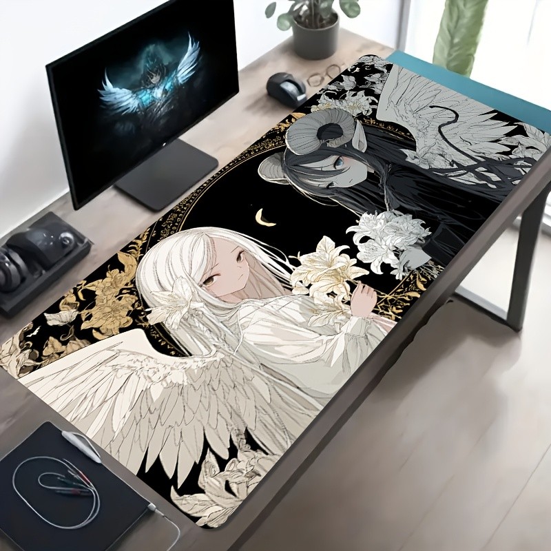 A Large Electronic Sports Gaming Mouse Pad Featuring a Black And White Angel-De
