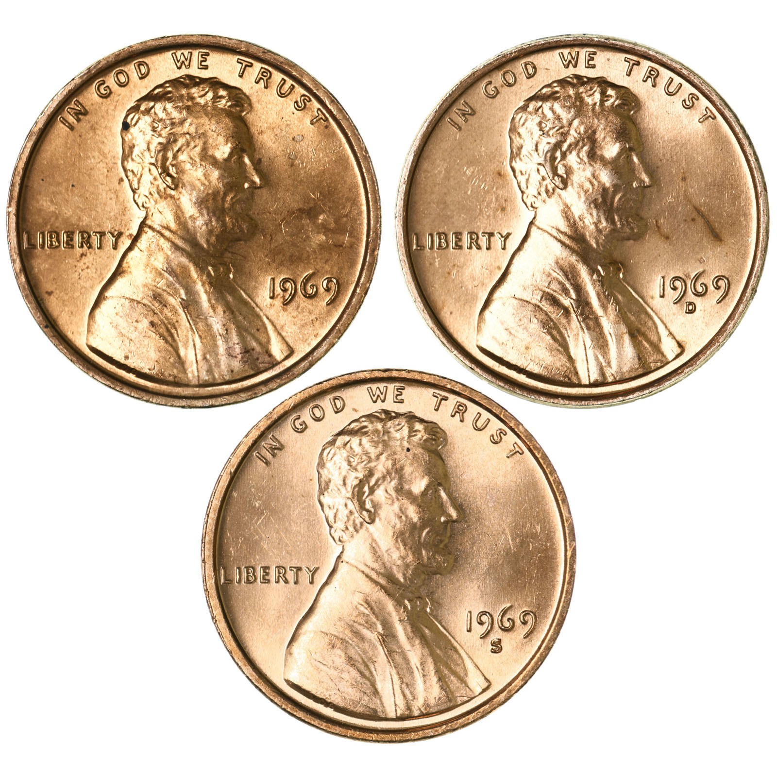 1969 P D S Lincoln Memorial Cent Brilliant Uncirculated 3 Coin Year Set
