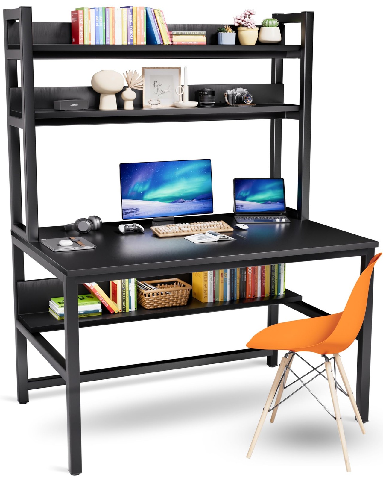 Aquzee Computer Desk with Hutch and Bookshelves, Large Leg Room 47inch, Black