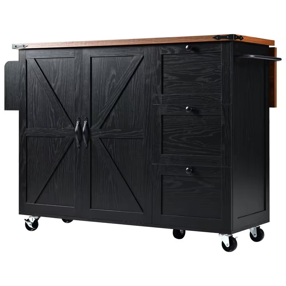 Black Wood Outdoor Grill Carts with Drop Leaf and Wheels Spice Rack for Kitchen,
