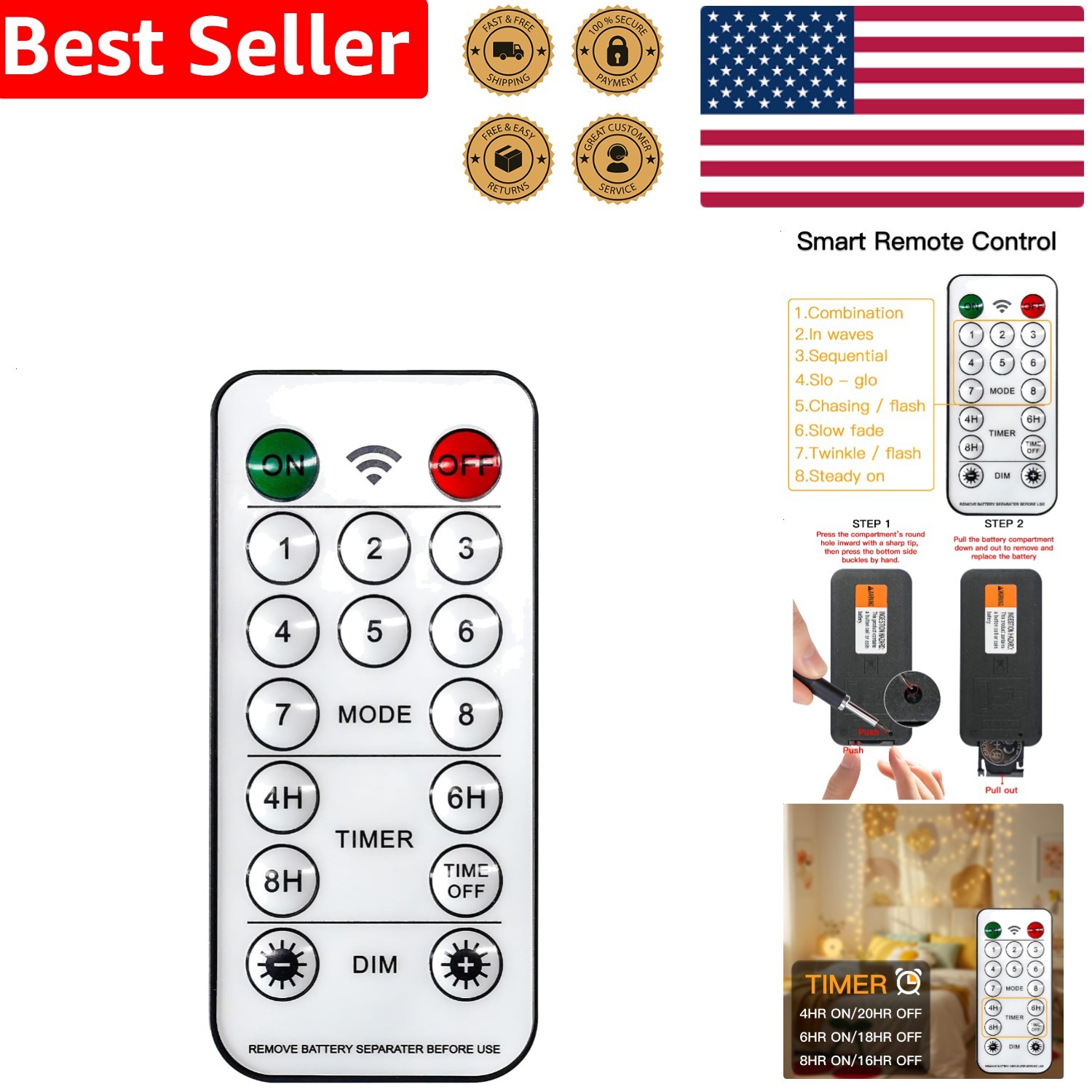 Universal IR Remote Control 8 Modes Timer Dimming Cordless 4-Level Brightness