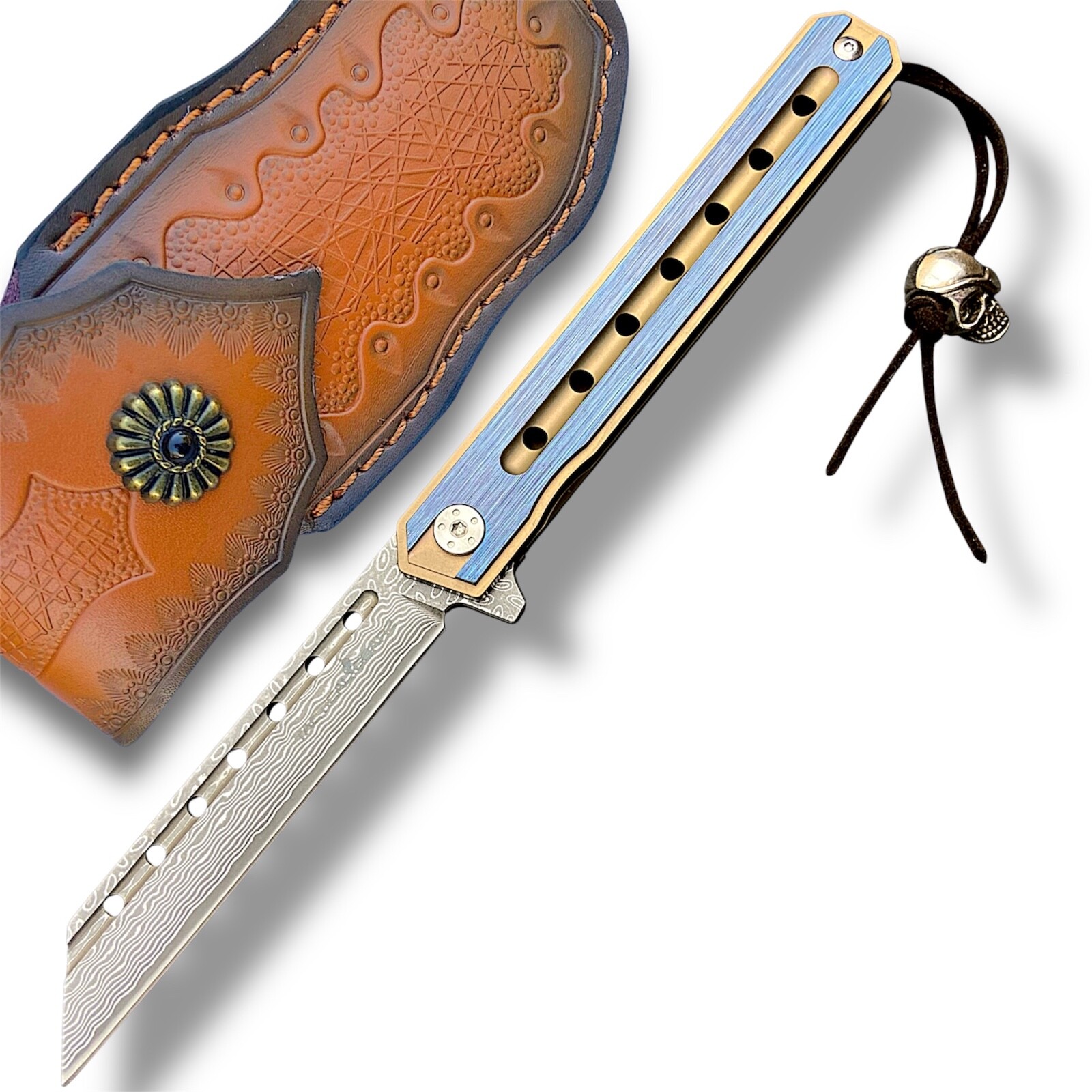 Full Tc4 Titanium EDC Folding Knife! Damascus Steel Tanto Blade! Ball Bearing!