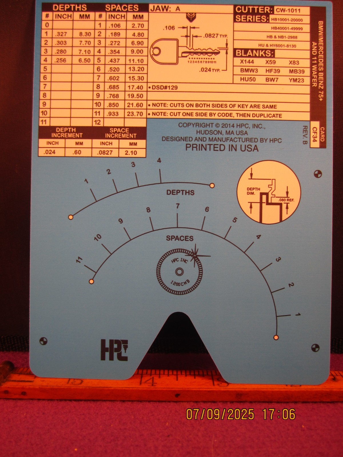 HPC 1200 BLITZ KEY CODE CARD CF 34 REV B ( BMW/ MERCEDES BENZ 75+) BRAND NEW
