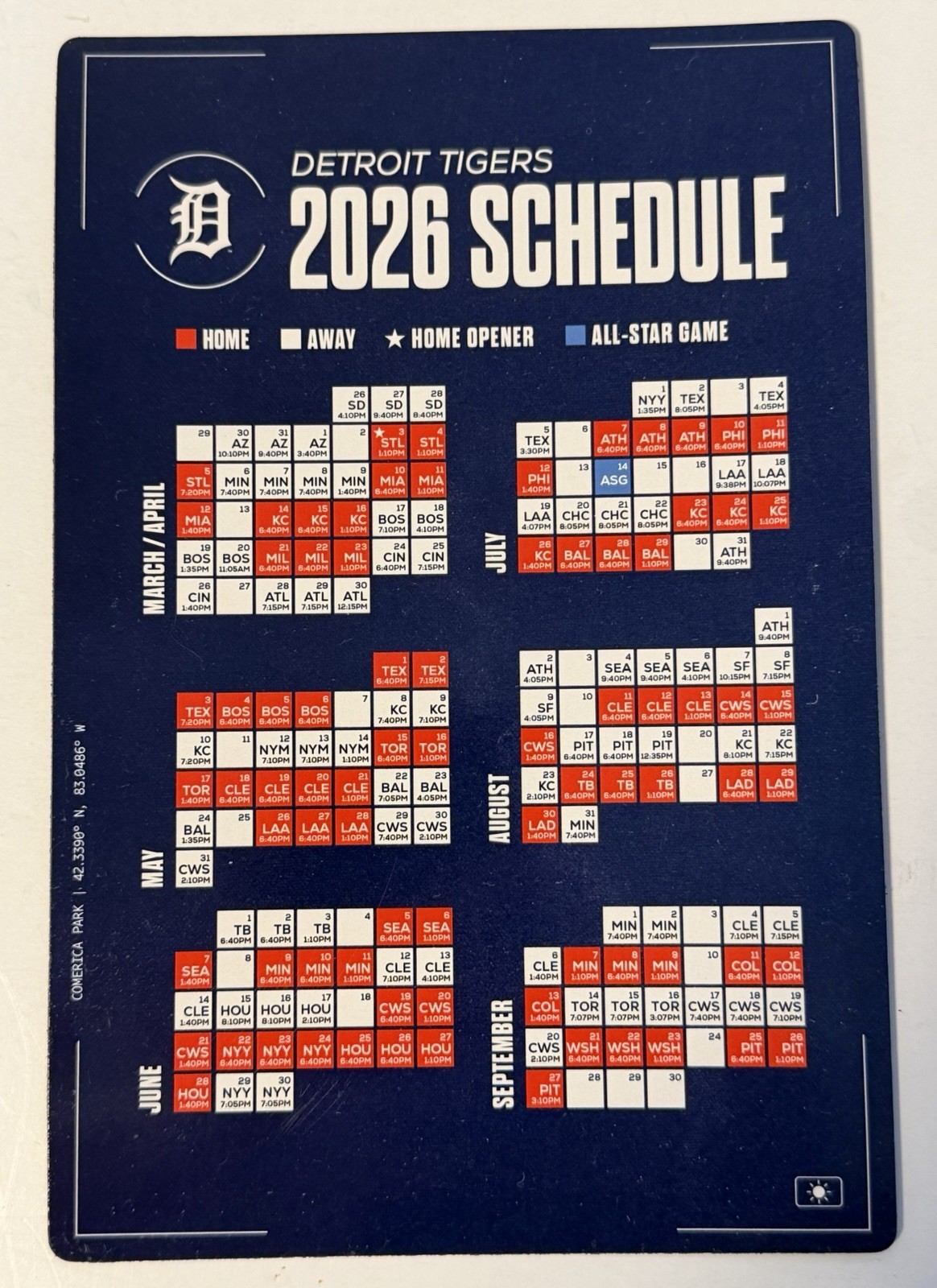 Detroit Tigers 2026 Season Ticket Holder Schedule Calendar Magnet Magnetic SGA