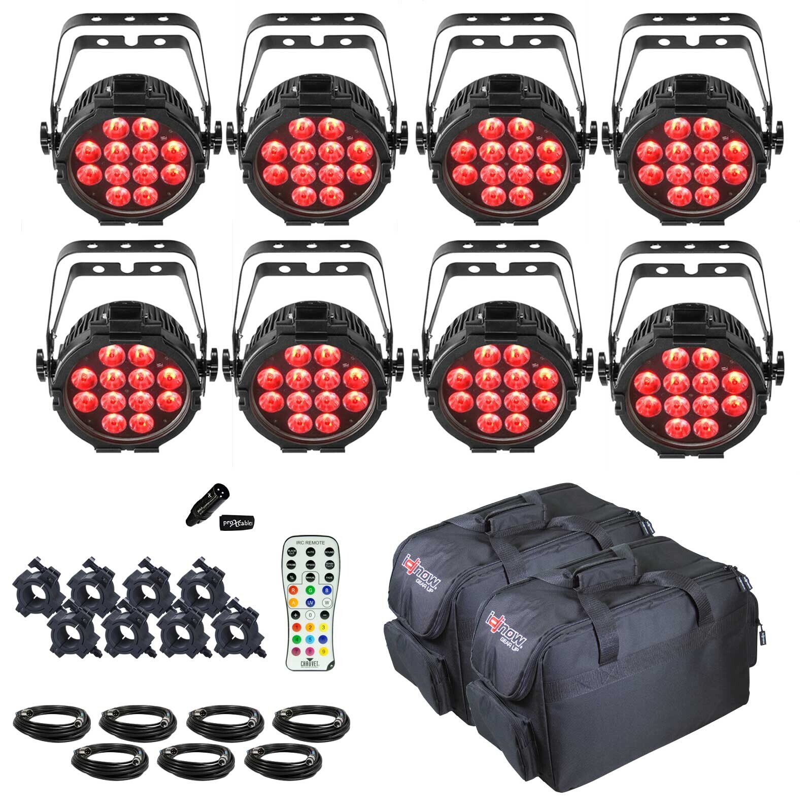 (8) Chauvet DJ SlimPAR Pro H USB High-Power RGBAW+UV Wash Lights w Bags & Remote
