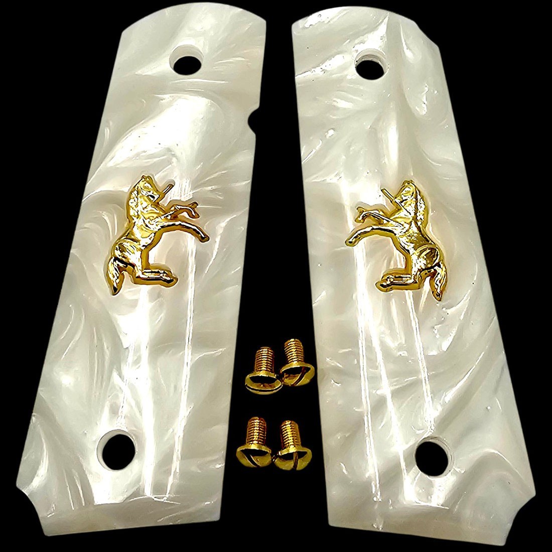 Altamont 1911 Grips Full Size White Pearl, Gold Colt Horse Emblem & Gold Screws