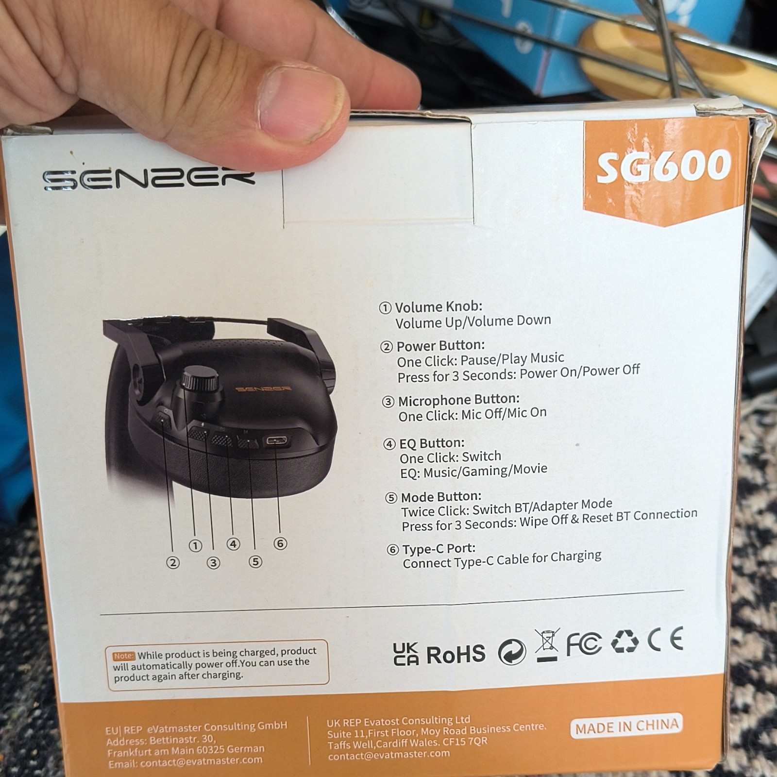 SENZER SG600 Wireless Gaming Headset, Bluetooth/USB-C, Retractable Mic, Black