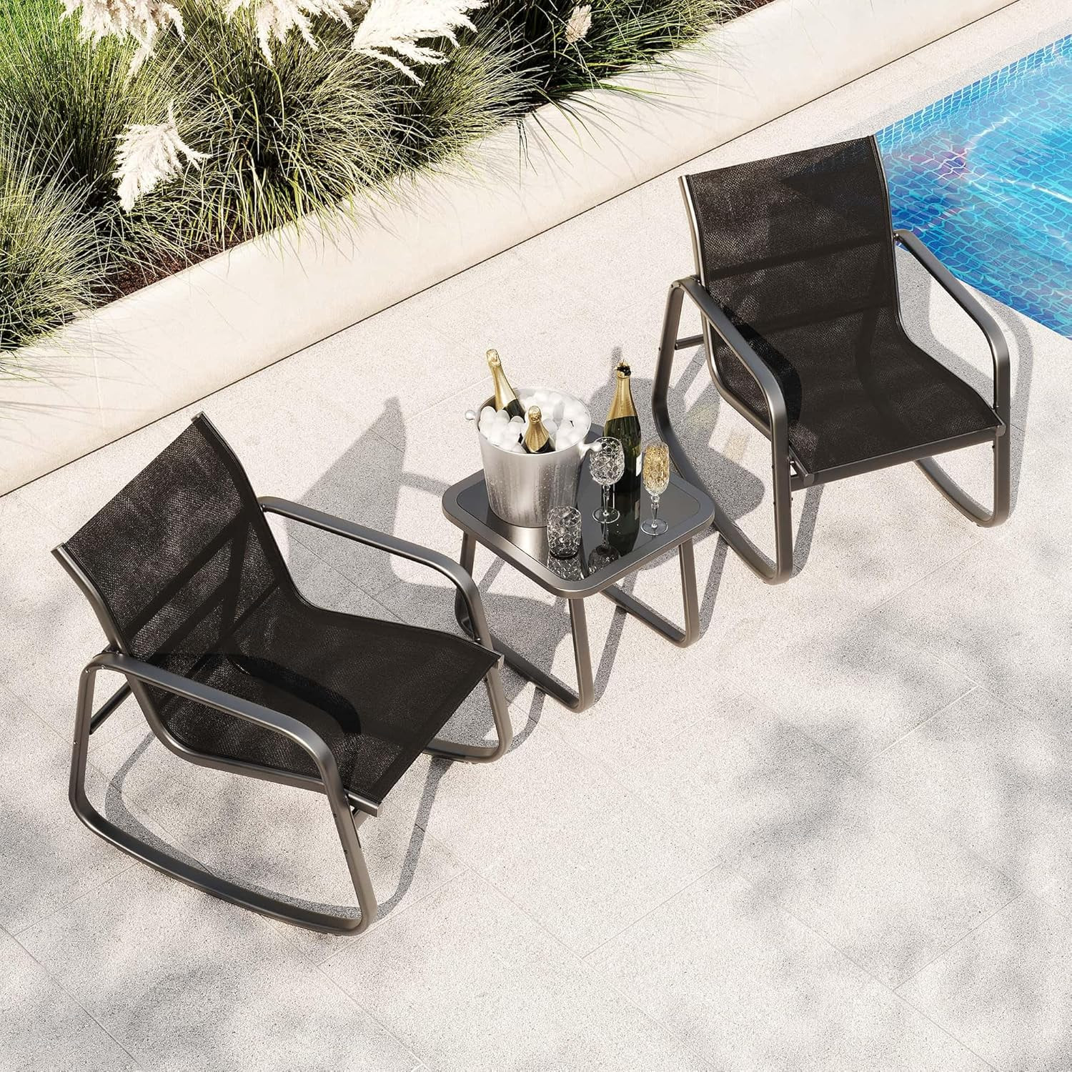3 Piece Outdoor Rocking Bistro Set, Textilene Fabric Small Patio Furniture Set w
