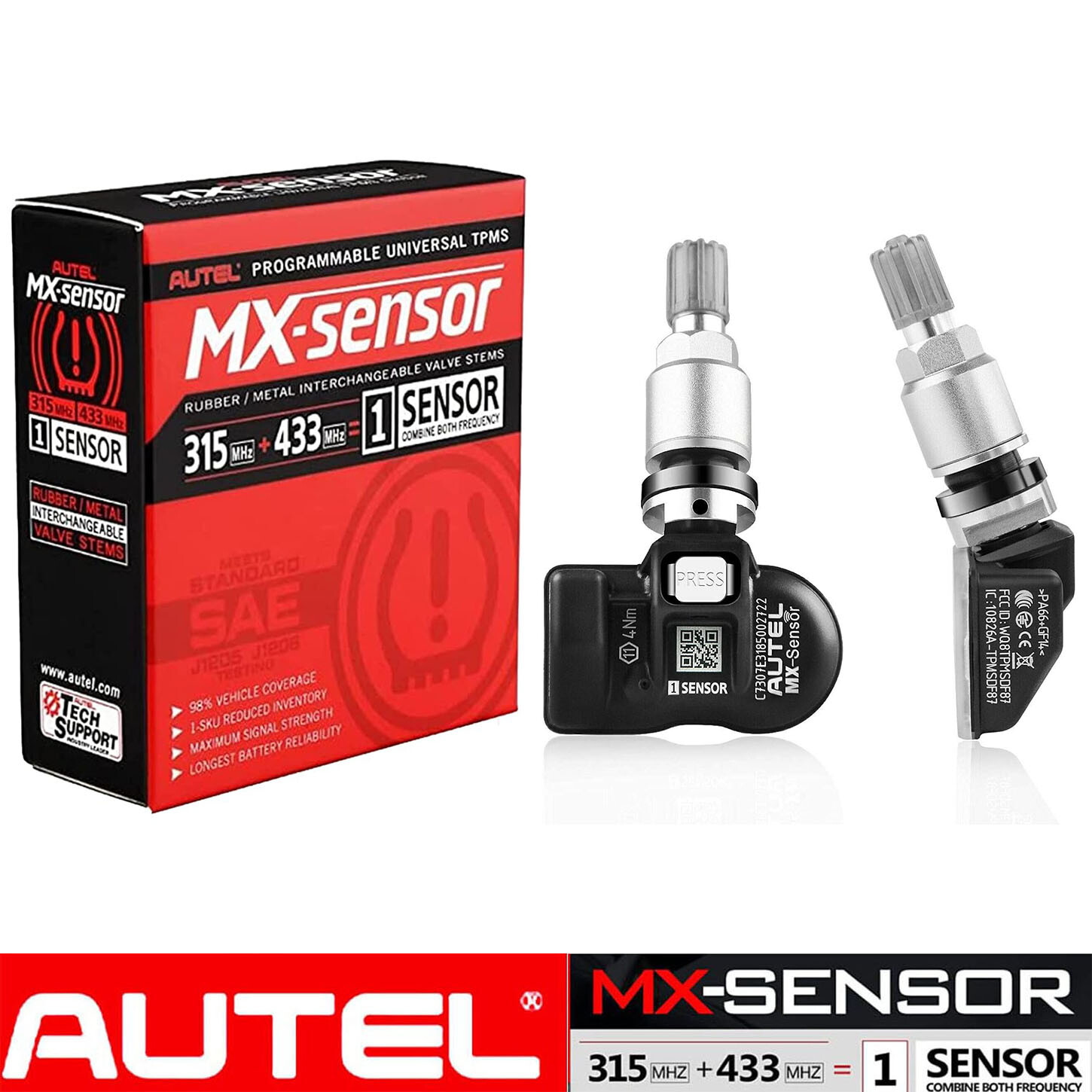 AUTEL TPMS Sensor MX-Sensor 433MHz + 315MHz Programmable Universal Metal Valve